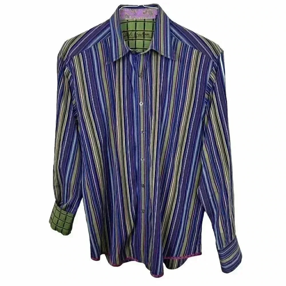 Robert Graham Shirt Men's Large Classic Fit Flip Cuff Colorful Striped Button Up